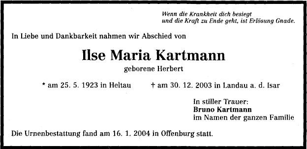 Herbert Ilse Maria 1923-2003 Todesanzeige